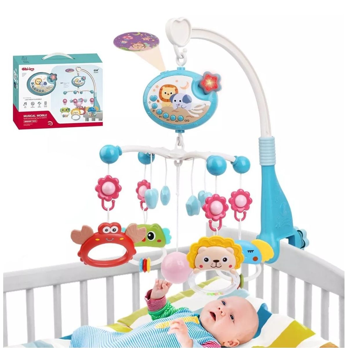 BABY ON - Móvil Musical Para Cuna Giratorio Con Proyector Luz Azul