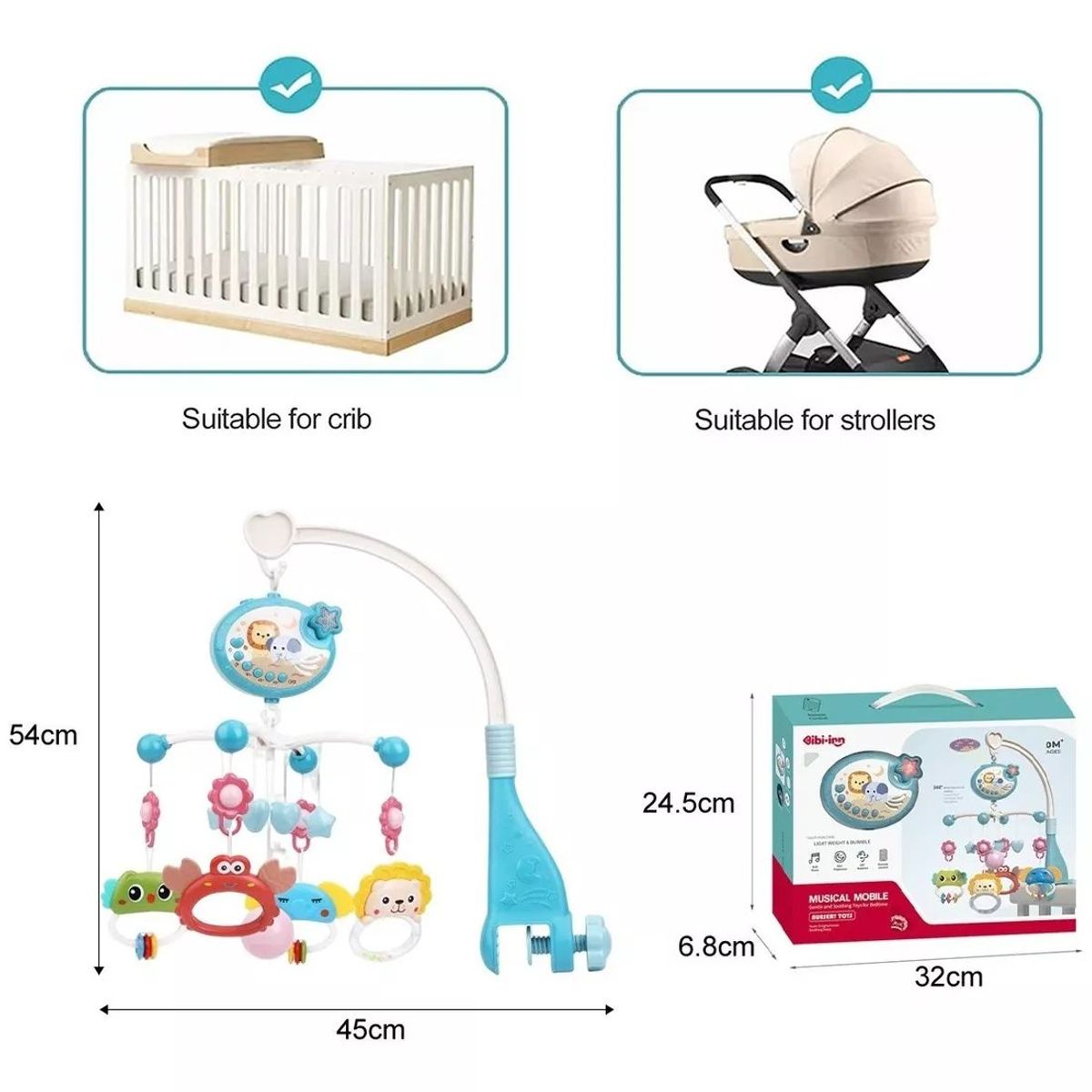 BABY ON - Móvil Musical Para Cuna Giratorio Con Proyector Luz Azul