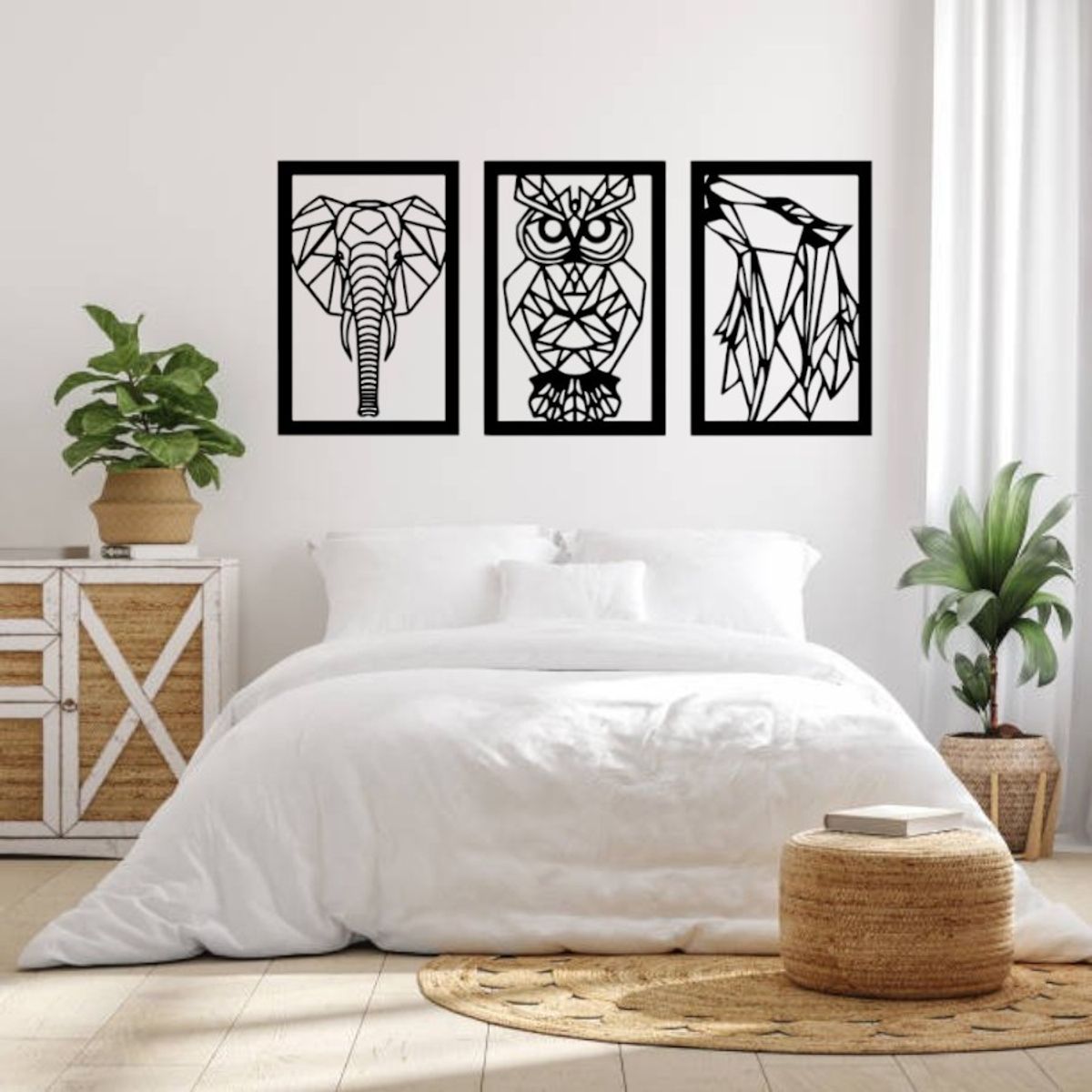 GENERICO - Cuadro decoración pared Tríptico Búho Elefante Lobo 120x60cm MDF
