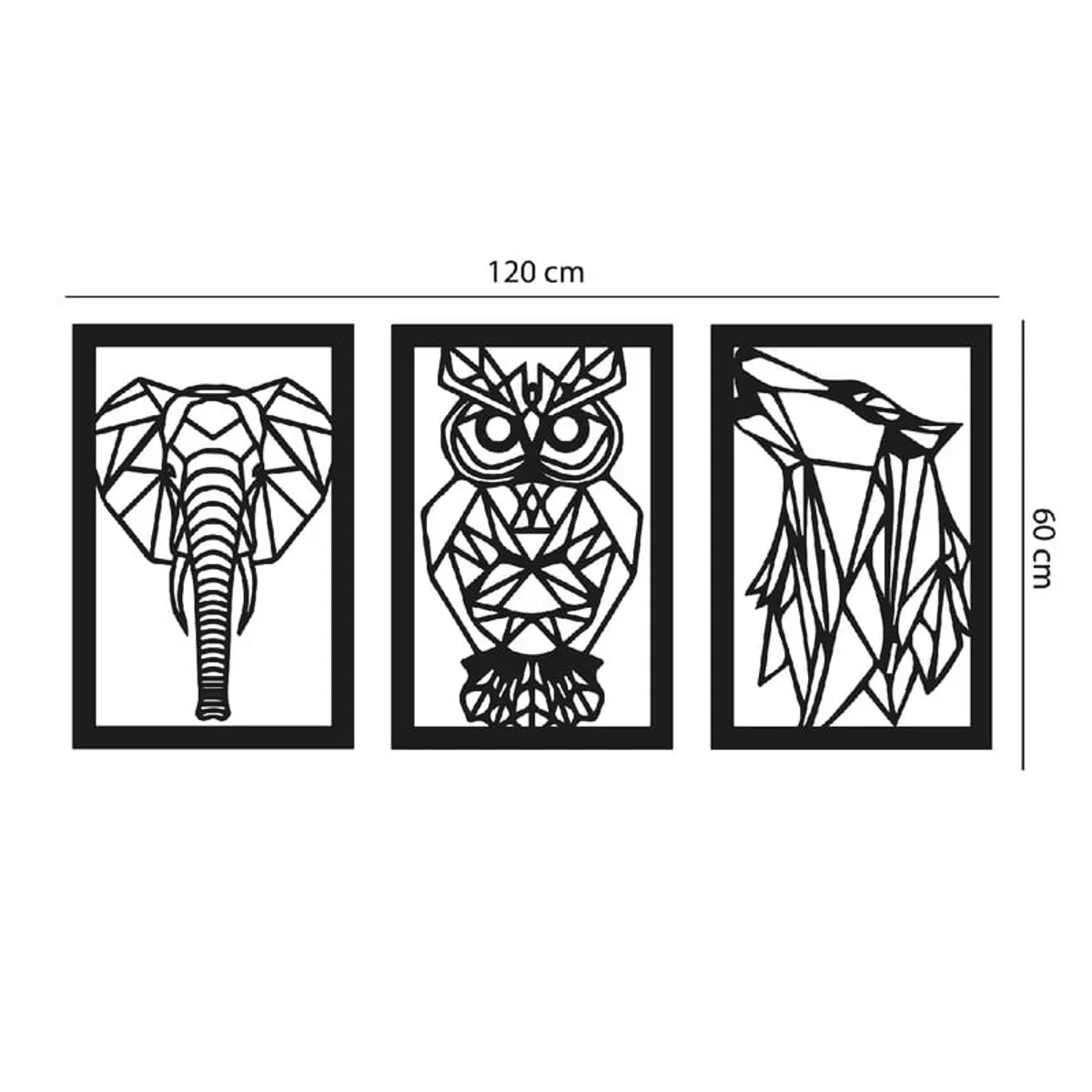 GENERICO - Cuadro decoración pared Tríptico Búho Elefante Lobo 120x60cm MDF