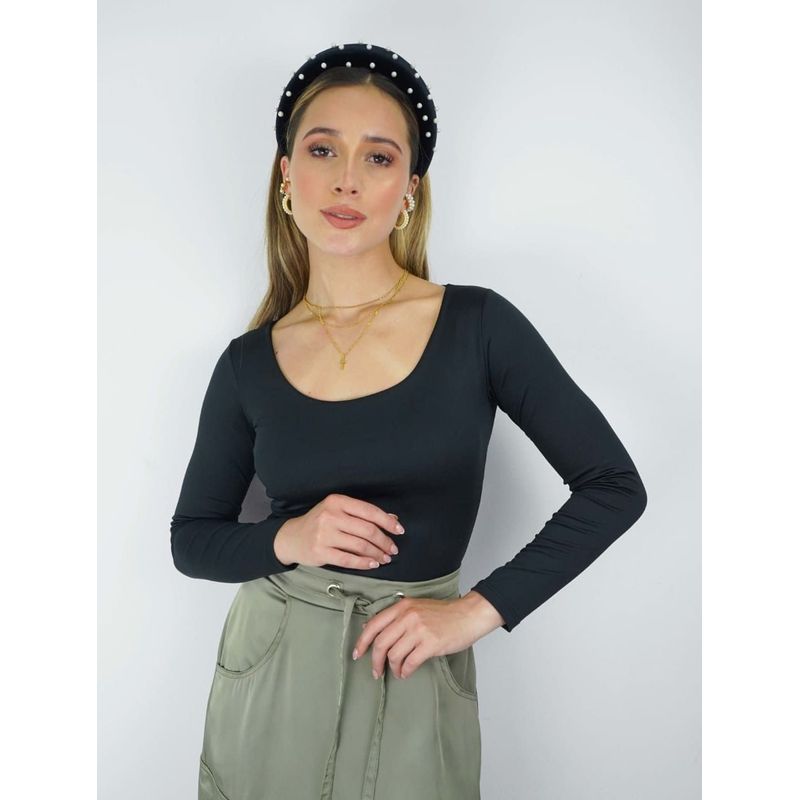 MOLGOA - Body para Mujer Negro Escote Redondo Manga Larga - Tahiti Negro