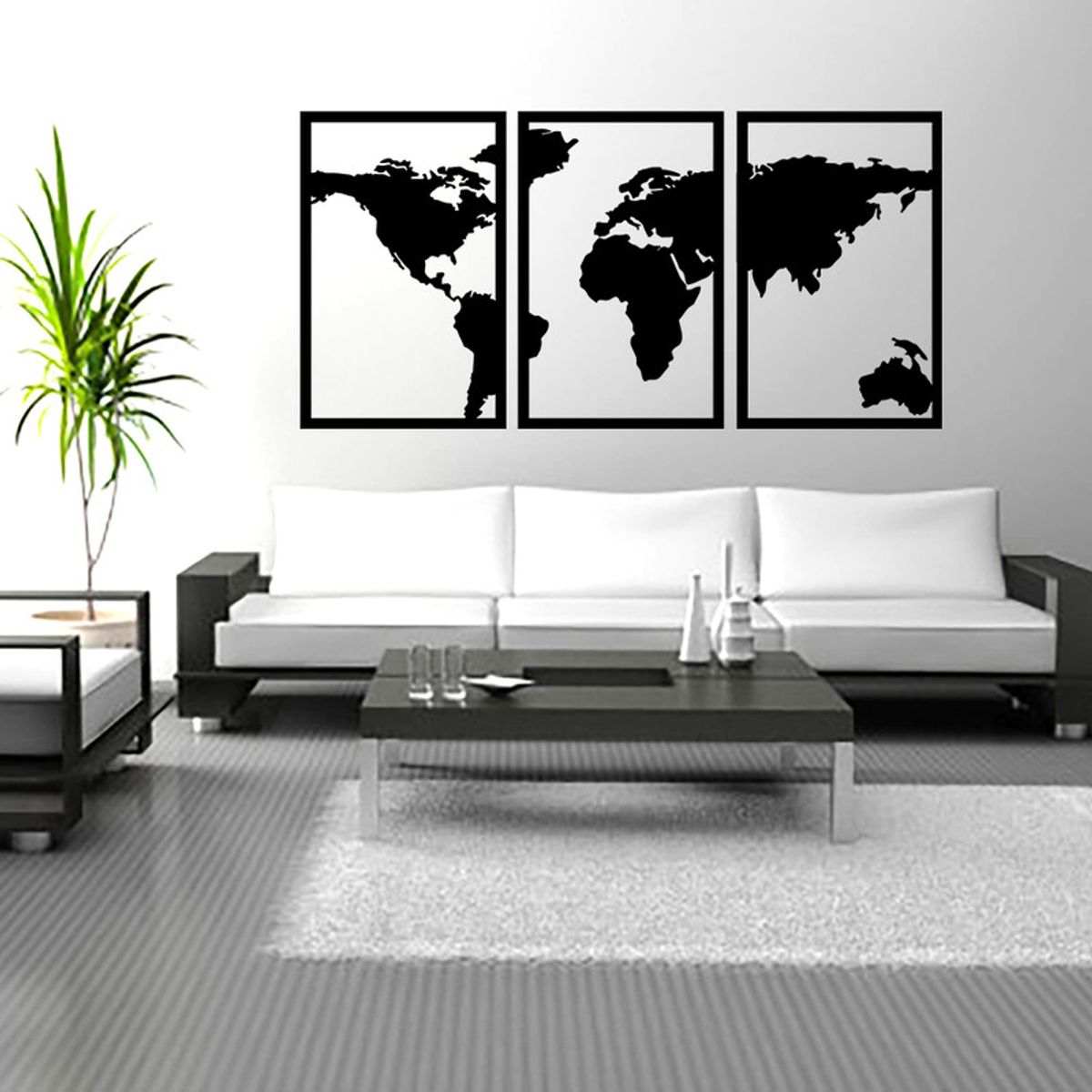 GENERICO - Cuadro decoración pared Tríptico Mapamundi 120x60cm MDF Negro