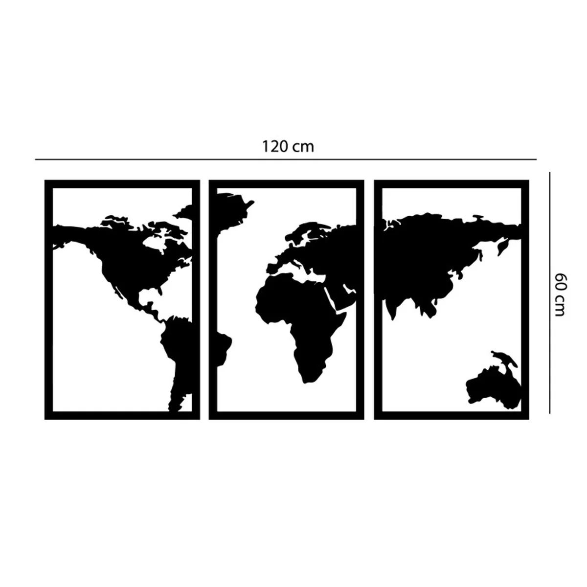 GENERICO - Cuadro decoración pared Tríptico Mapamundi 120x60cm MDF Negro