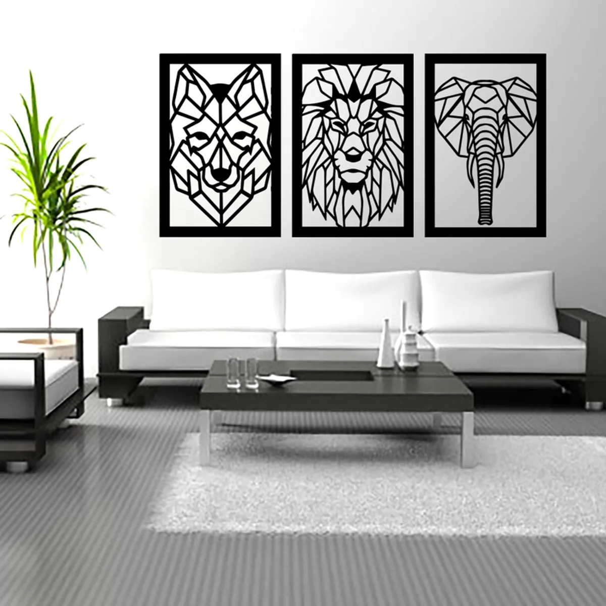 GENERICO - Cuadro decoración pared Tríptico Elefante Lobo León 120x60cm MDF Negro