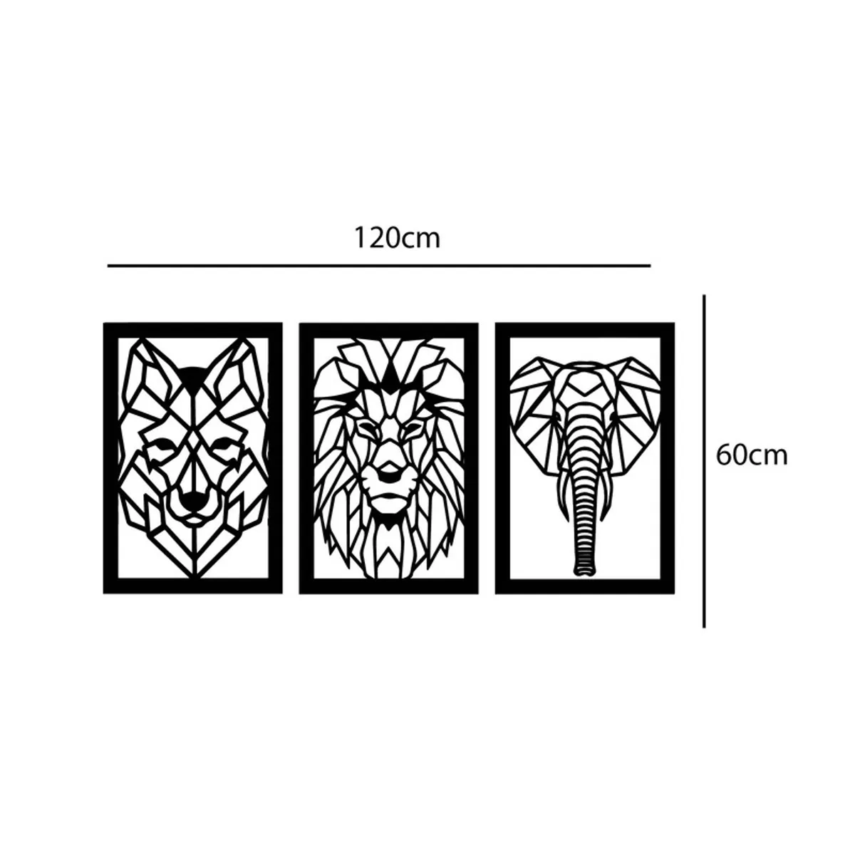 GENERICO - Cuadro decoración pared Tríptico Elefante Lobo León 120x60cm MDF Negro