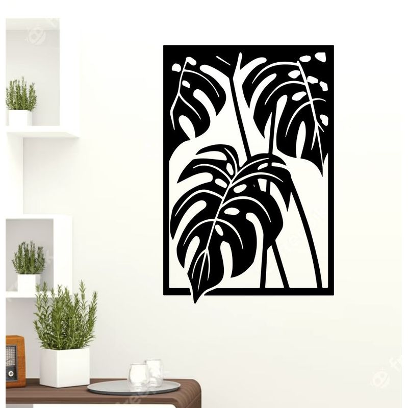 GENERICO - Cuadro decoración pared Hojas planta 60x40cm MDF Negro