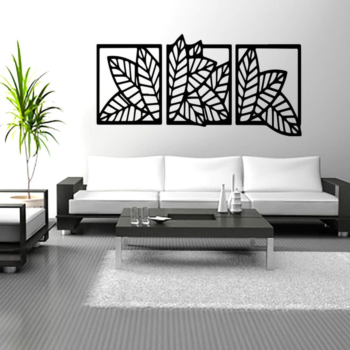 GENERICO - Cuadro decoración pared Hojas 2 caladas 120x60cm MDF Negro