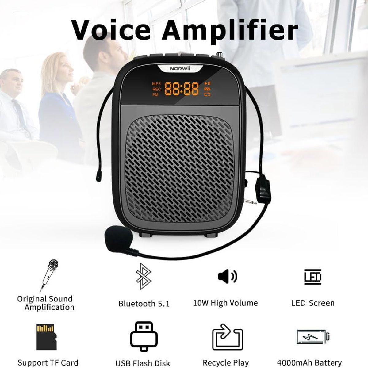 GENERICO - Megáfono Amplificador de Voz Parlante Bluetooth con Micrófono Diadema