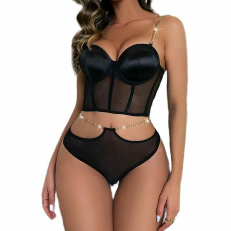 BAPU - Conjunto lencería corset con cadena copa con arco varillas laterales