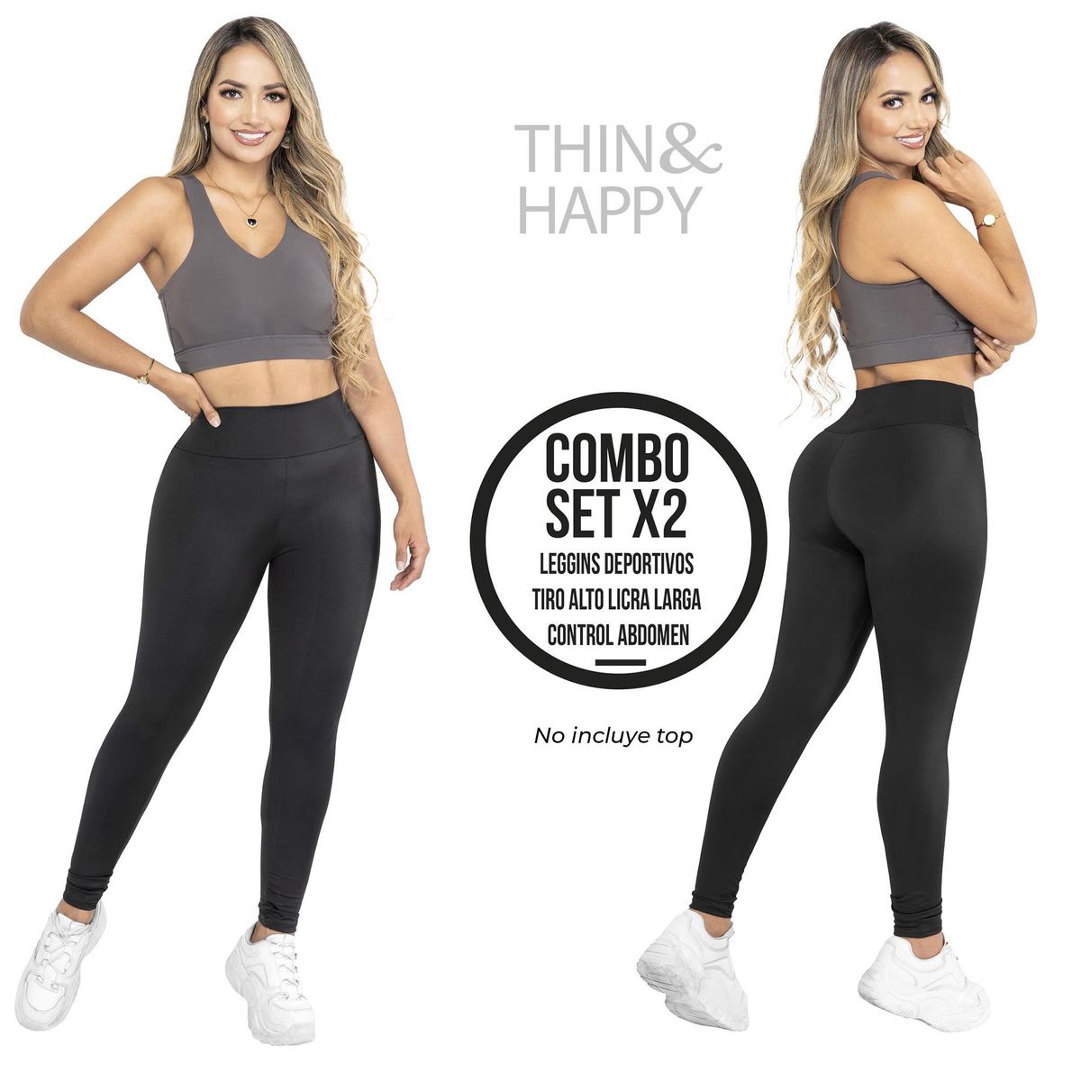 THIN & HAPPY - Combo X2 Leggins deportivos tiro alto licra larga control Abdomen