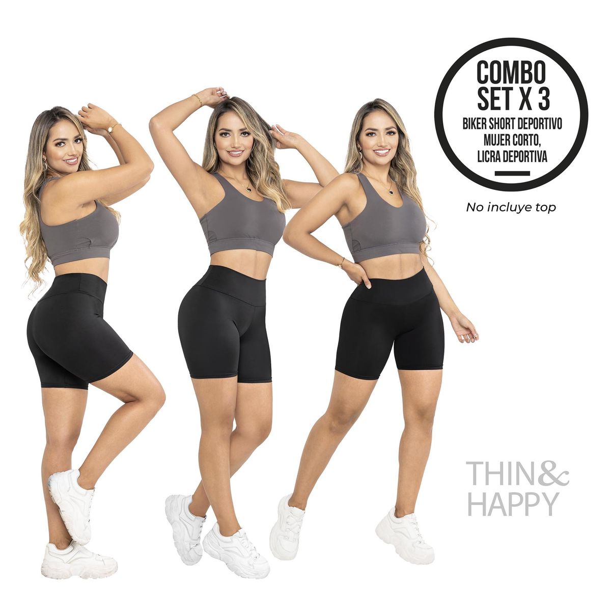 THIN & HAPPY - Combo X3 Biker Short deportivo mujer corto licra deportiva.