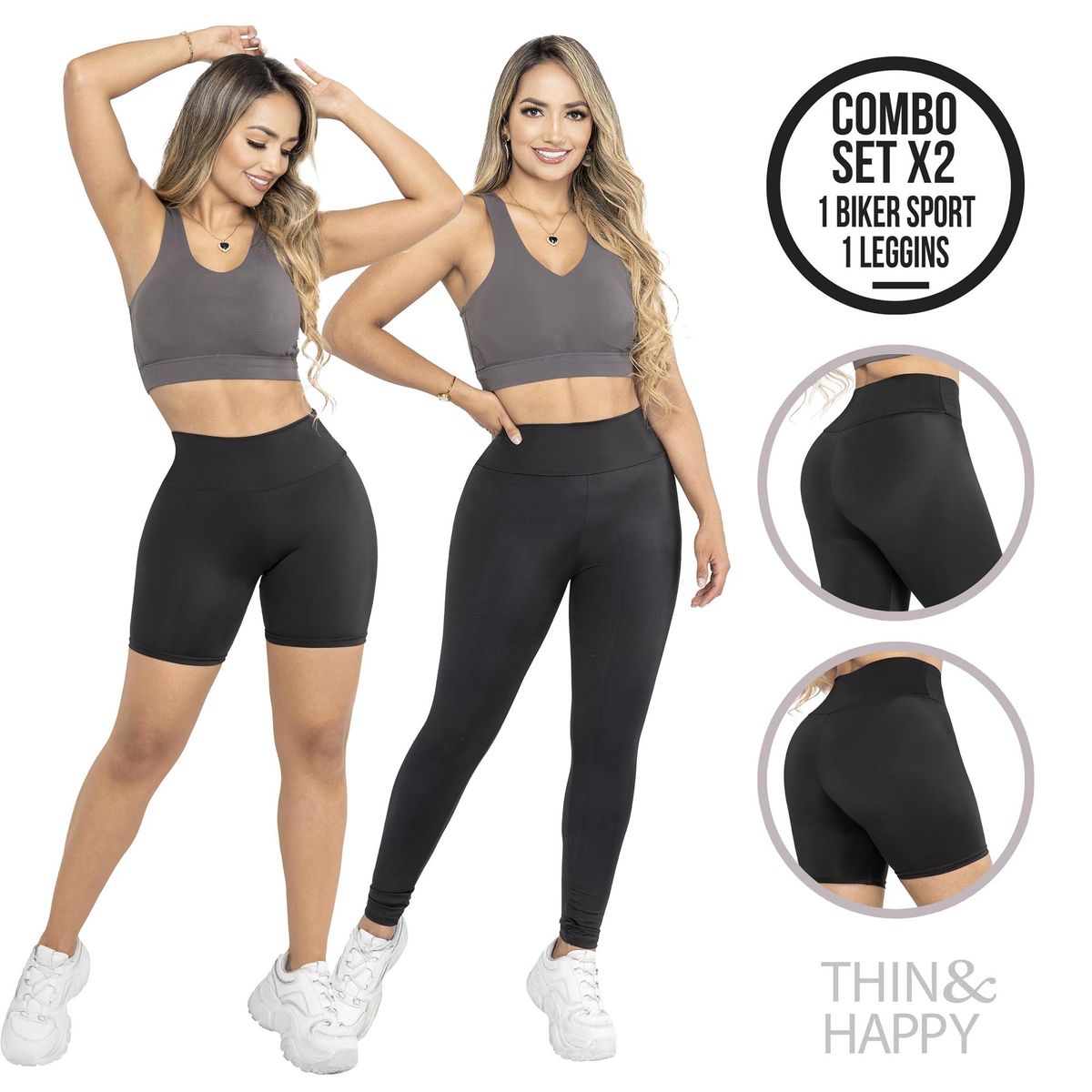 THIN & HAPPY - Combo X2 Leggins deportivos tiro alto  Biker Short licra.