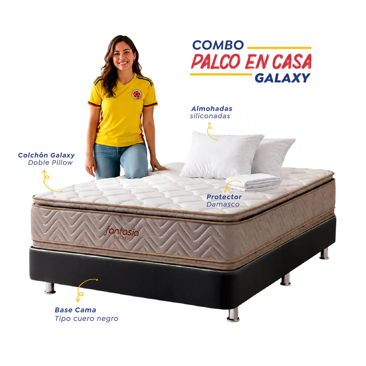 COLCHONES FANTASIA - Combo Galaxy+base Tipo C Negro+2almohadas+protector 140x190