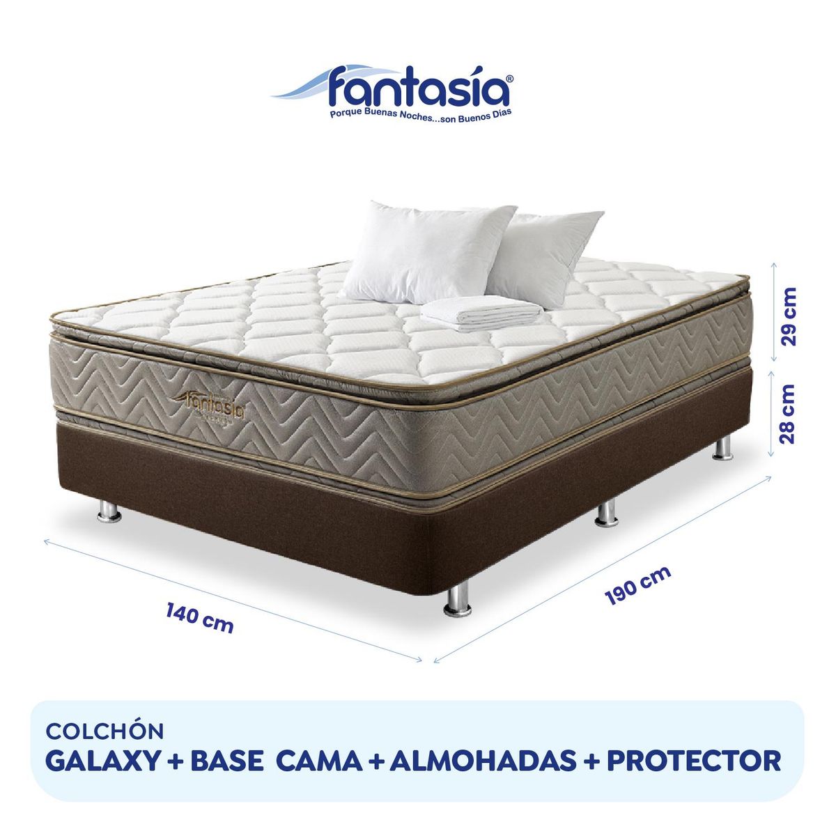 COLCHONES FANTASIA - Combo Colchón Doble Galaxy Base Cama Lino Café Almohada Protector