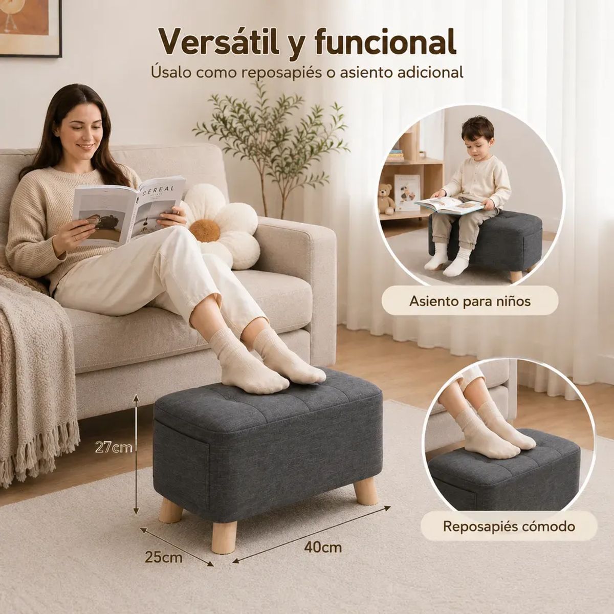 DISEÑOS RAMONA'S - Puff Posa Pie Con Bolsillo Beige