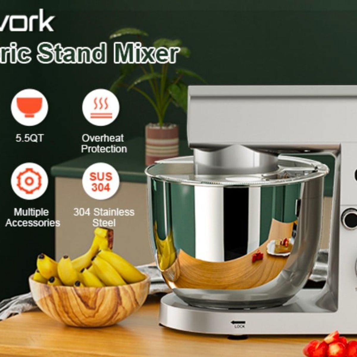 GENERICO - Batidora amasadora Profesional planetaria 5.5 litros acero 300 watts