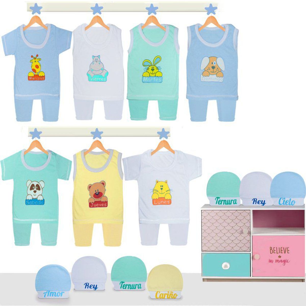 BABY KDS - Set semanario 21 piezas bebe niño glotoncitos - azul.