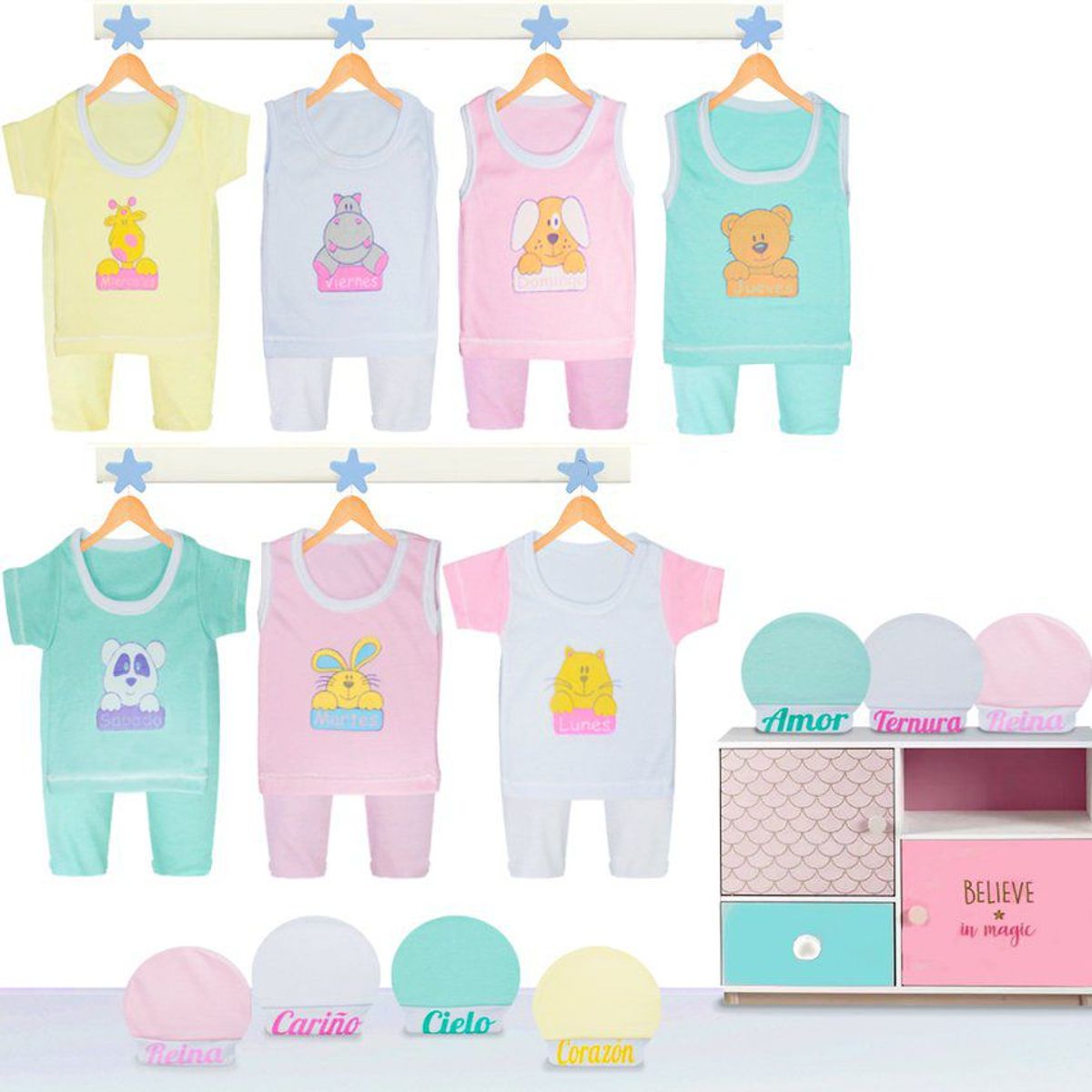 BABY KDS - Set semanario 21 piezas bebe niña glotoncitos - rosado.