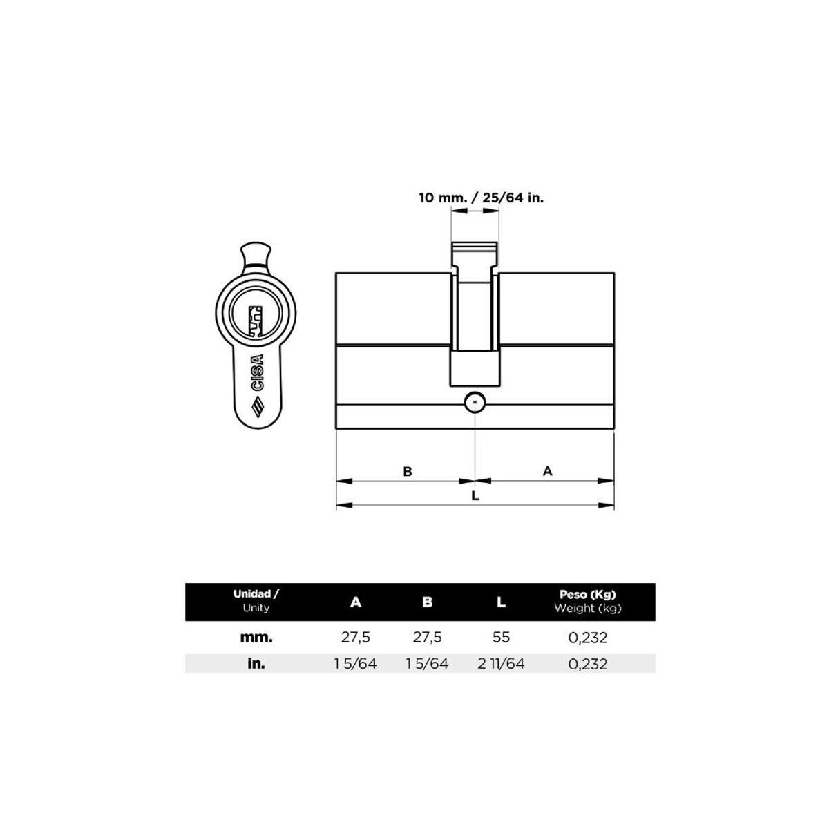 CISA - Cilindro Alta Seguridad Cerradura Puerta Llave Astralp 54mm