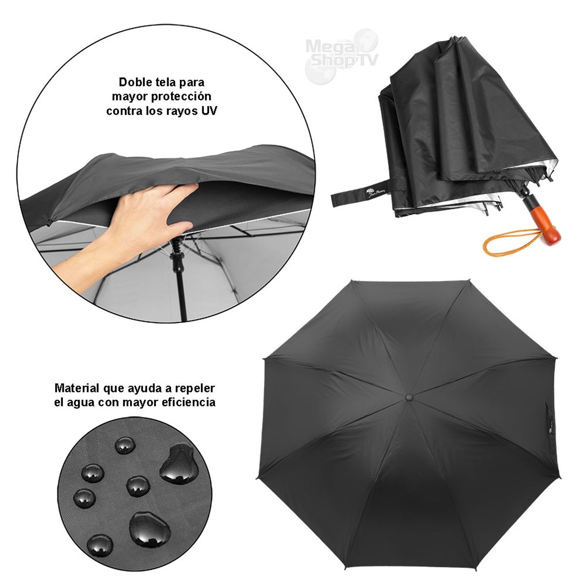 ENERGY PLUS - Sombrilla grande automática paraguas protección UV doble tela Negra