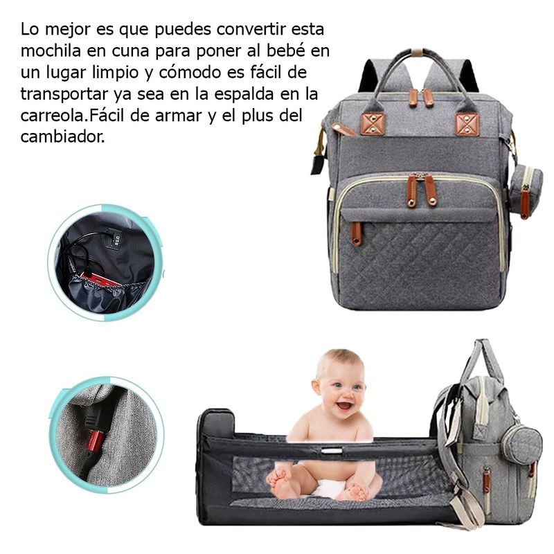 GENERICO - Pañalera Multifuncional Para Bebés Cuna Impermeable - GRIS