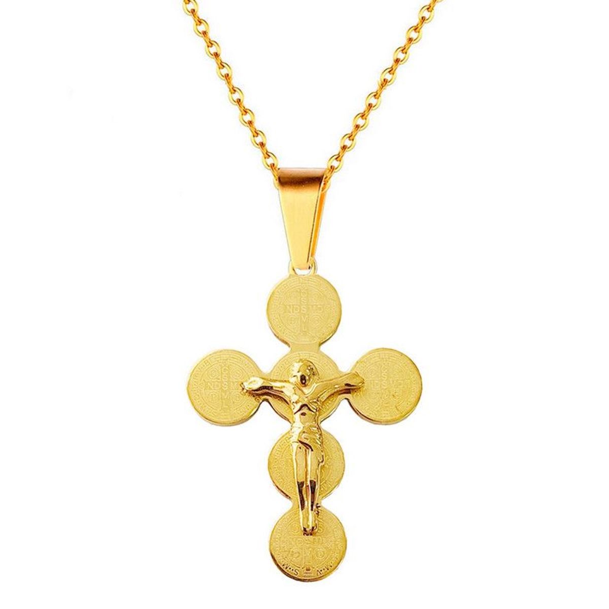 DAYOSHOP - Collar Cruz Medalla San Benito Cristo Acero + Estuche