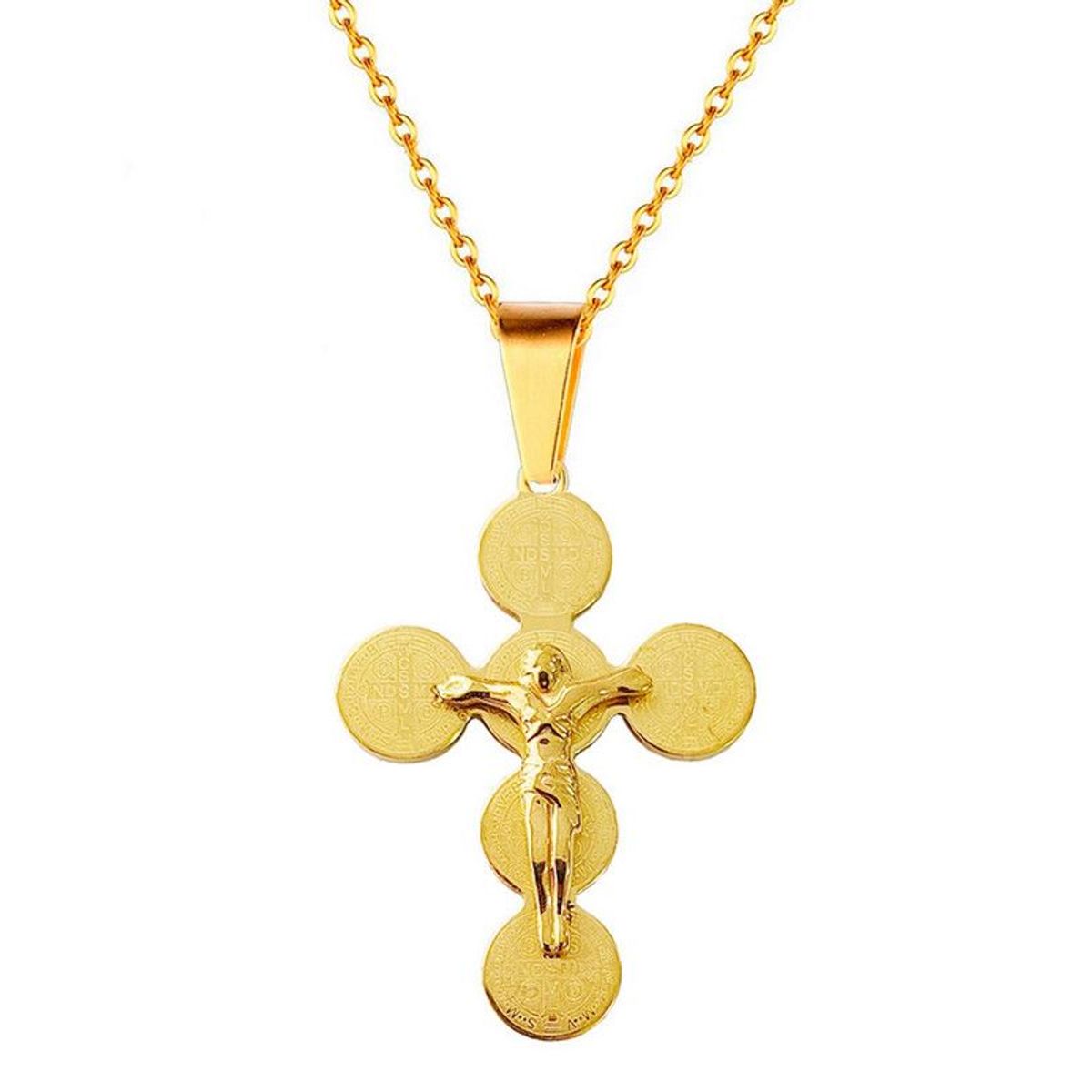 DAYOSHOP - Collar Cruz Medalla San Benito Cristo Acero + Estuche