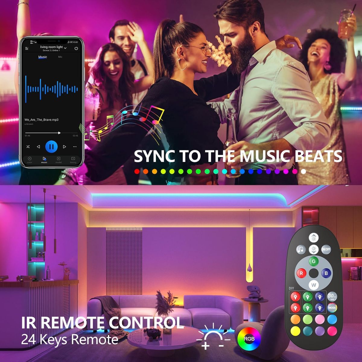 LEDMAX - Cinta Led RGB 20mt Bluetooth Audioritmica + Control Remoto Multicolor