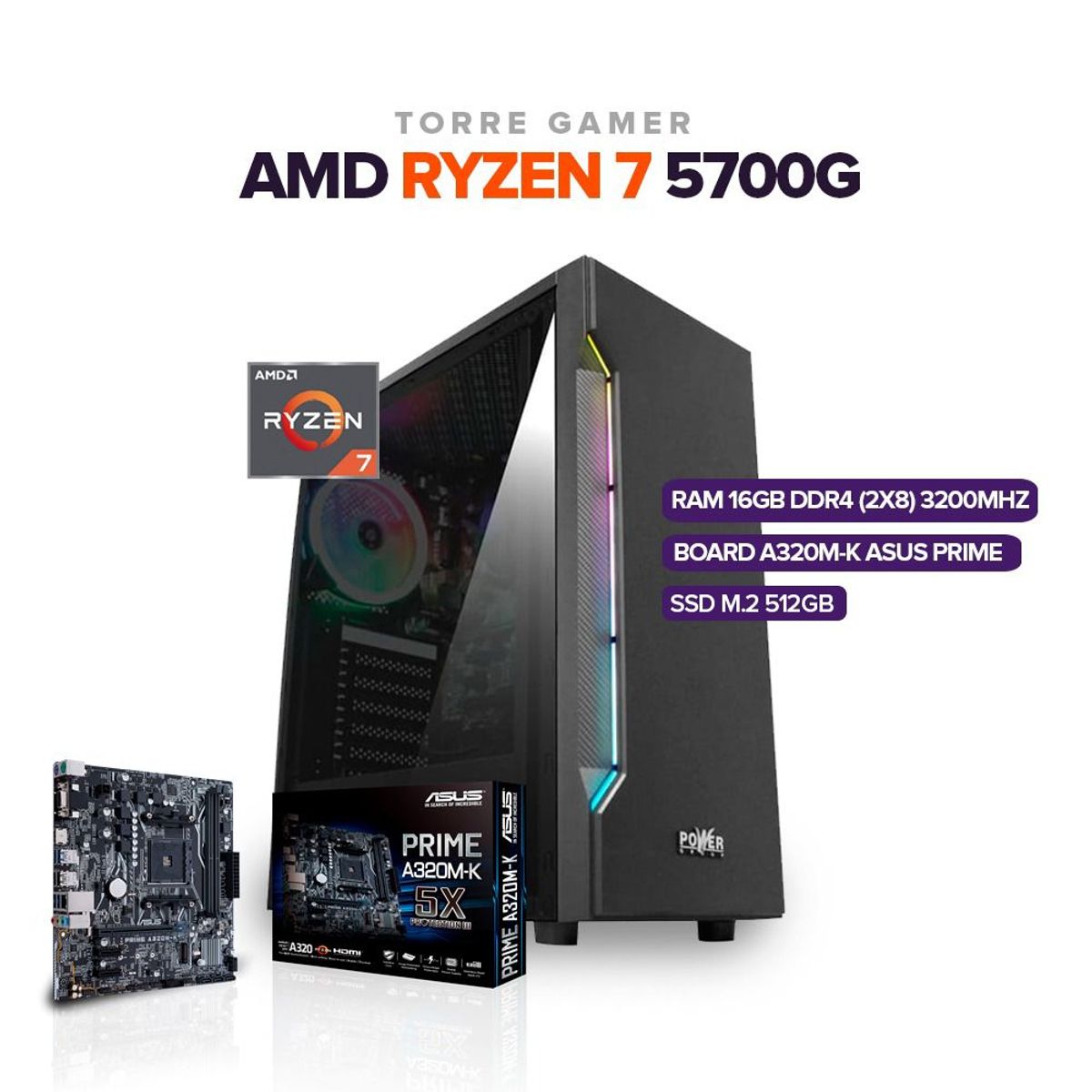 AMD - PC GAMER AMD RYZEN 7 5700G RAM 16GB DDR4 SSD 512GB M.2 BOARD A520M-K