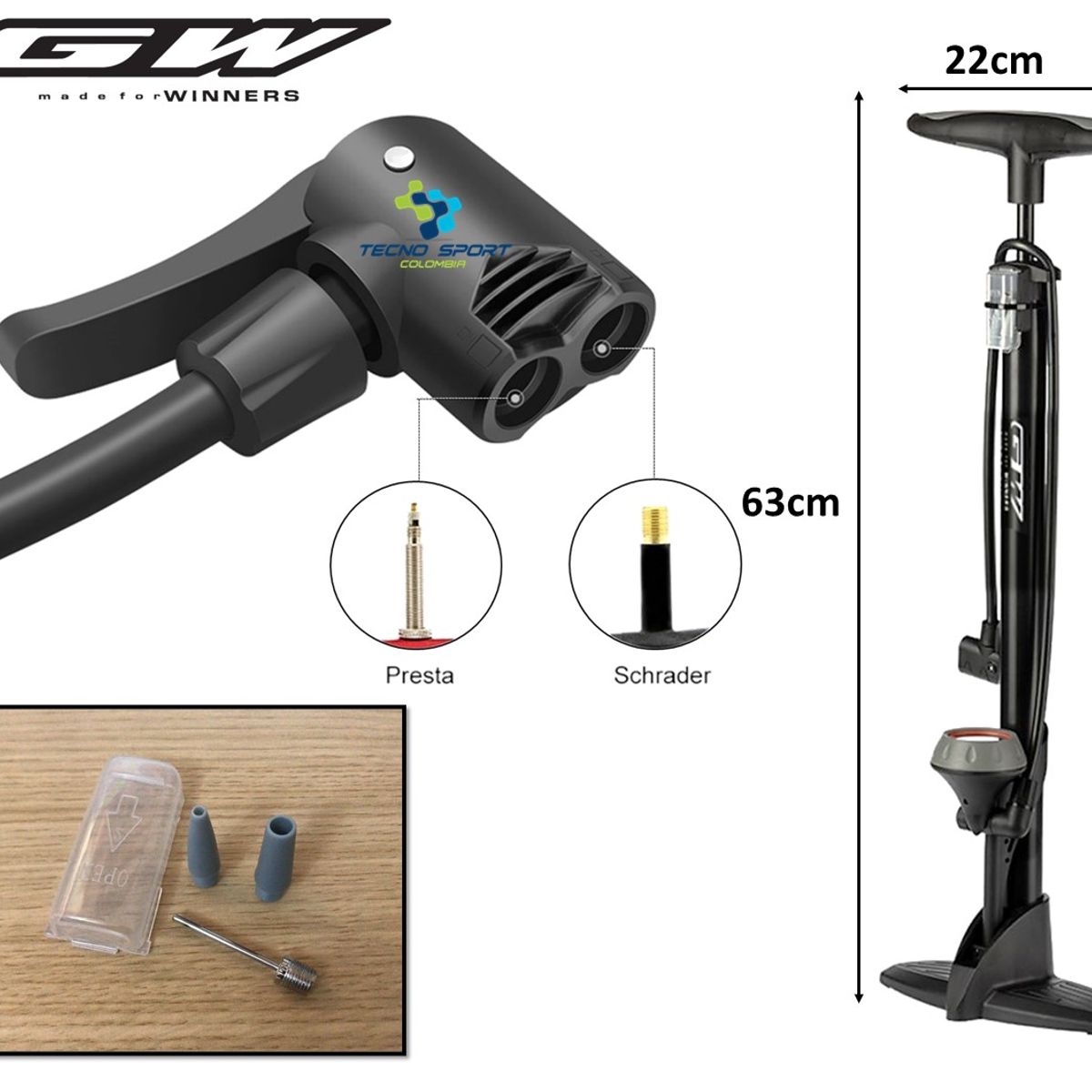 BETO - Combo inflador piso  mini bomba aire bicicleta manómetro