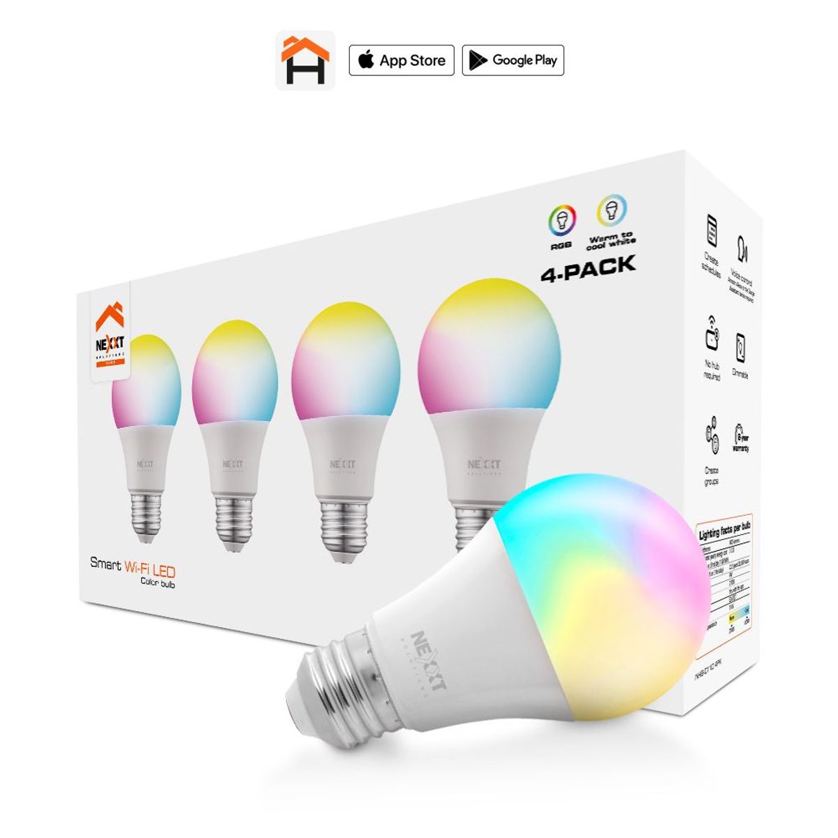 NEXXT SOLUTIONS - Kit Bombillos Inteligentes Nexxt Nhb-c110 Pack X4 Rgb Wifi
