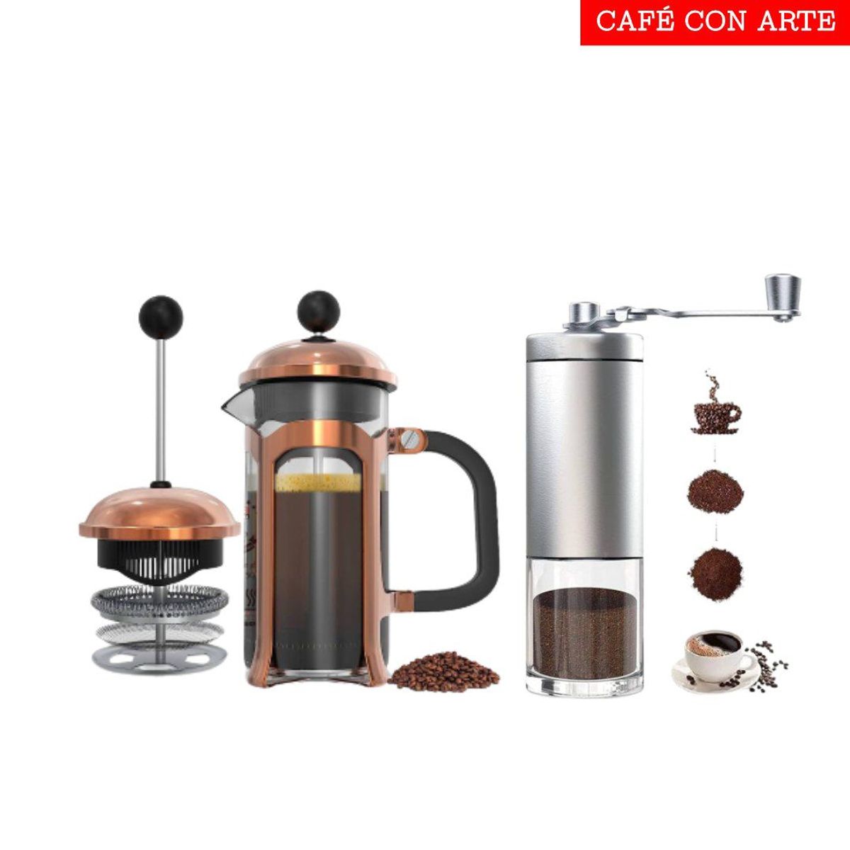 GENERICO - Combo - Café Con Arte - Prensa Francesa De 800ml + Molino En Acero 2.0