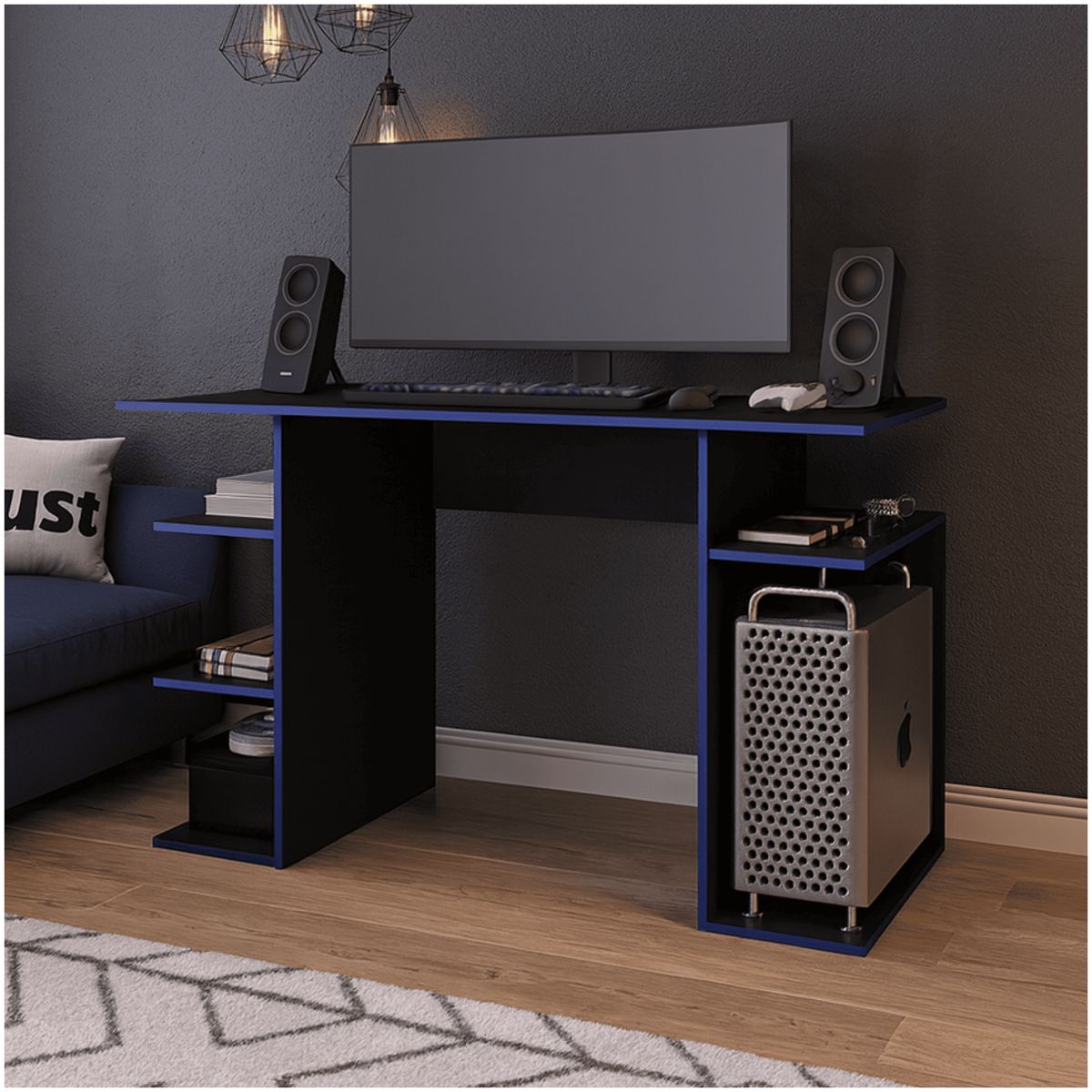 MUEBLES 2020 - Escritorio Gamer Osaka Negro/Azul con 4 Compartimientos