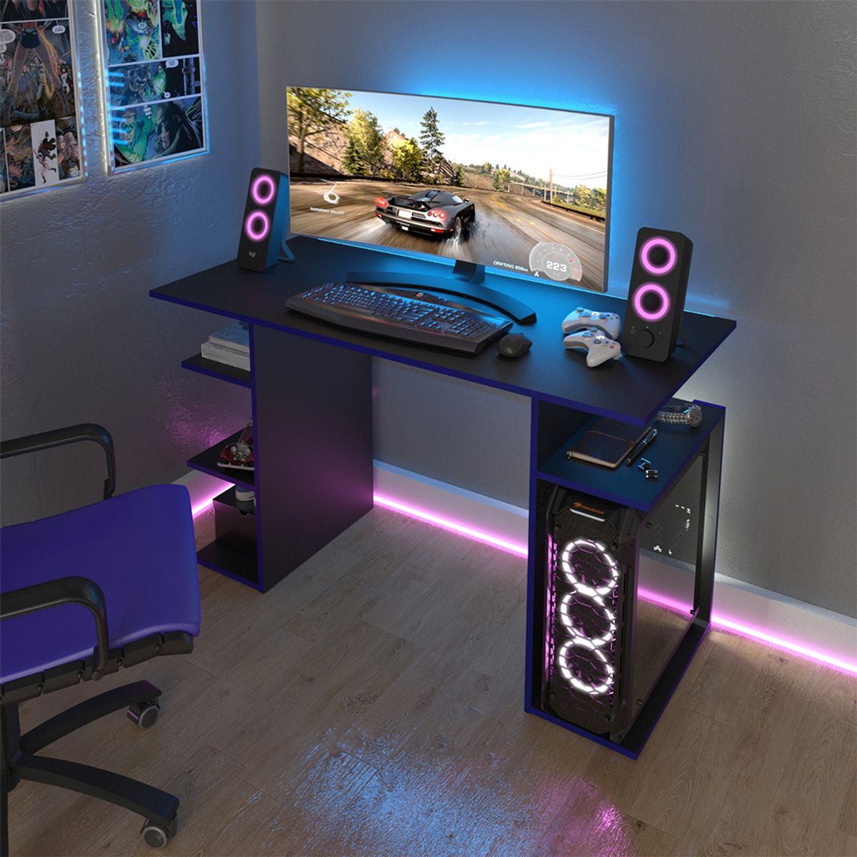 MUEBLES 2020 - Escritorio Gamer Osaka Negro/Azul con 4 Compartimientos