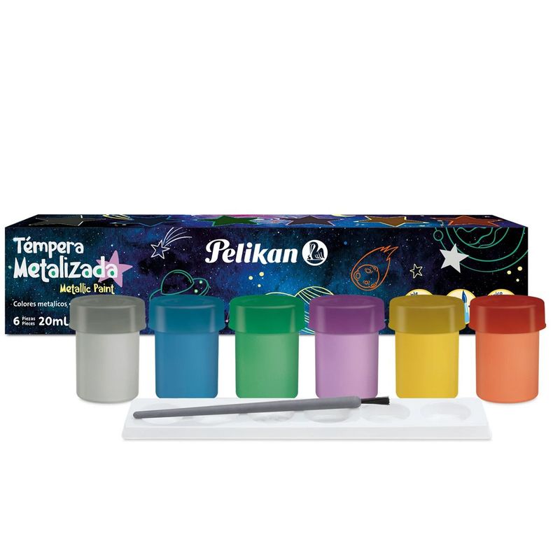 PELIKAN - Tempera Metalizada Pelikan X 6 + 1 Pincel + Paleta Mezclado