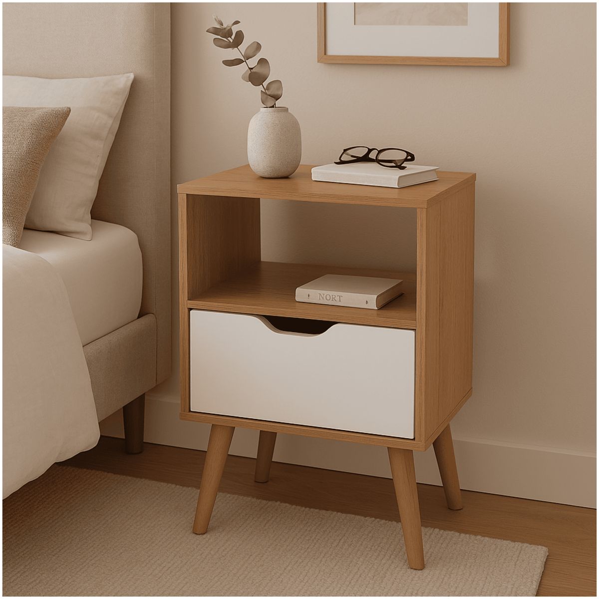 MUEBLES 2020 - Mesa de Noche Minimalista Essen en MDP color Almendra Blanco