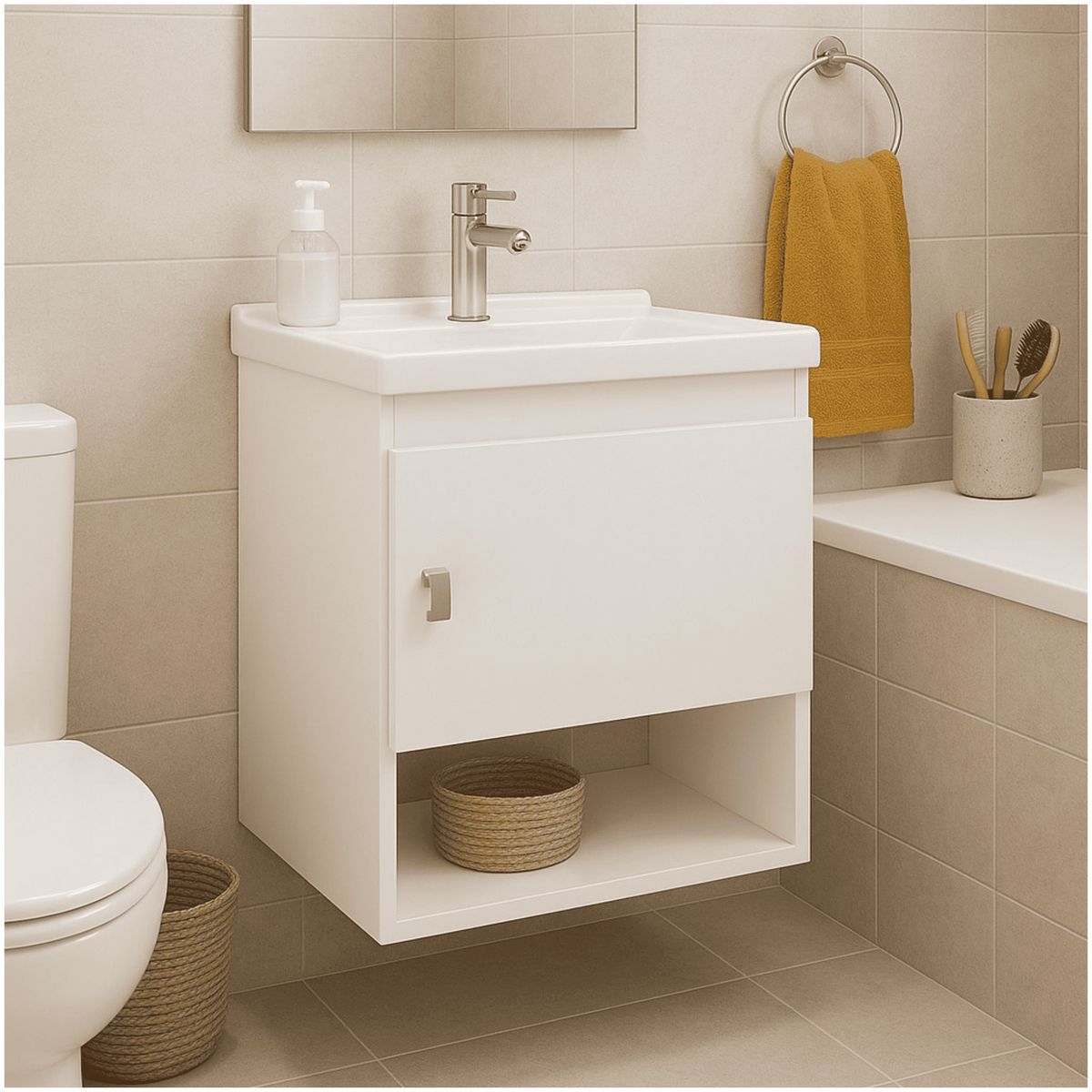 MUEBLES 2020 - Mueble de Baño Con Lavamanos Linz Blanco en Mármol Sintético y MDP