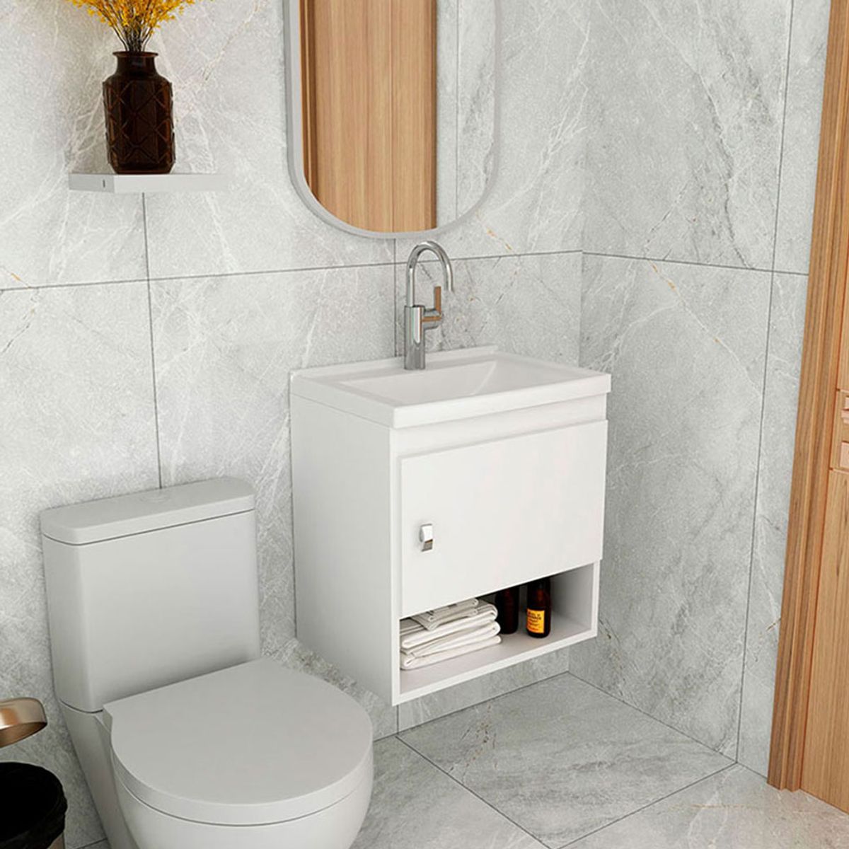 MUEBLES 2020 - Mueble de Baño Con Lavamanos Linz Blanco en Mármol Sintético y MDP