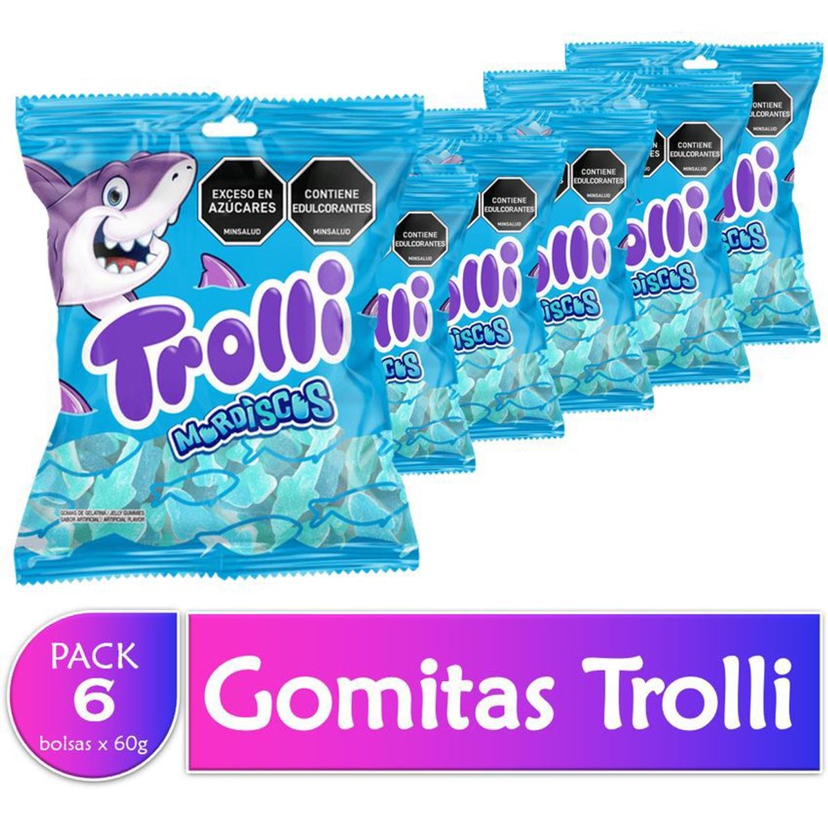 ALDOR - Gomitas dulces trolli tiburon mordicos 60grs pack x6 uds