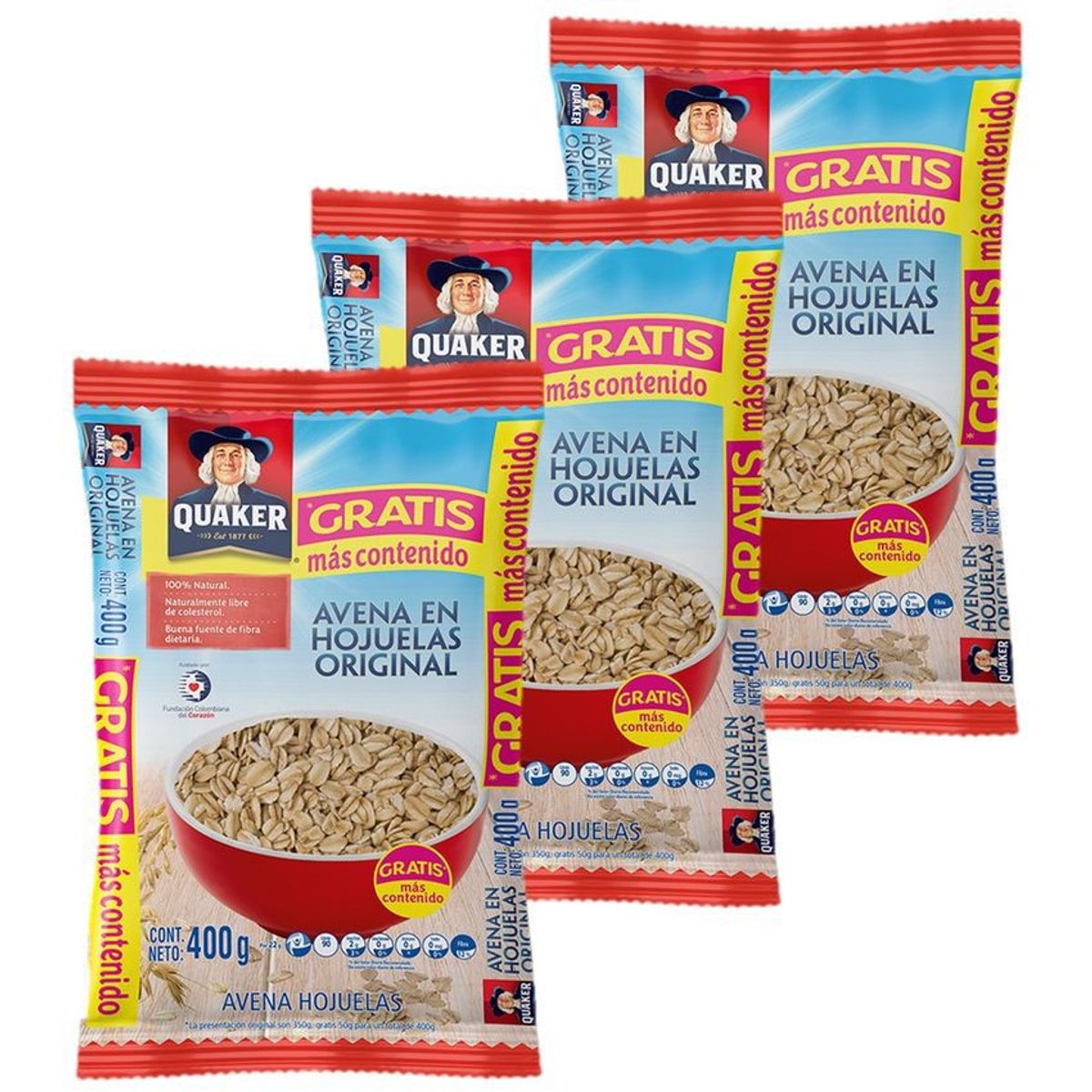 QUAKER - Avena quaker en hojuelas original 400 gr x3 uds