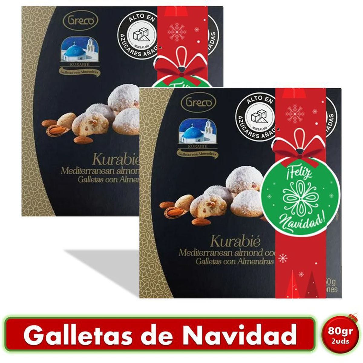 GRECO - Galletas navideñas con trozos de almendras kurabie 80gr x2 uds