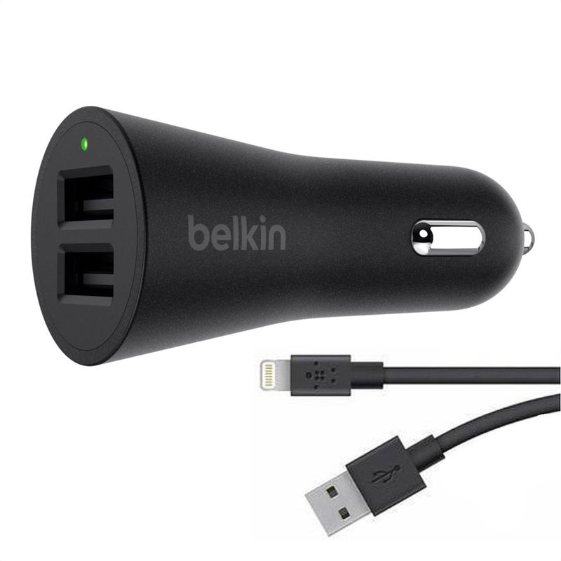 BELKIN - Cargador Carro Belkin 24w / 2 Puertos Usb + Cable Lightning