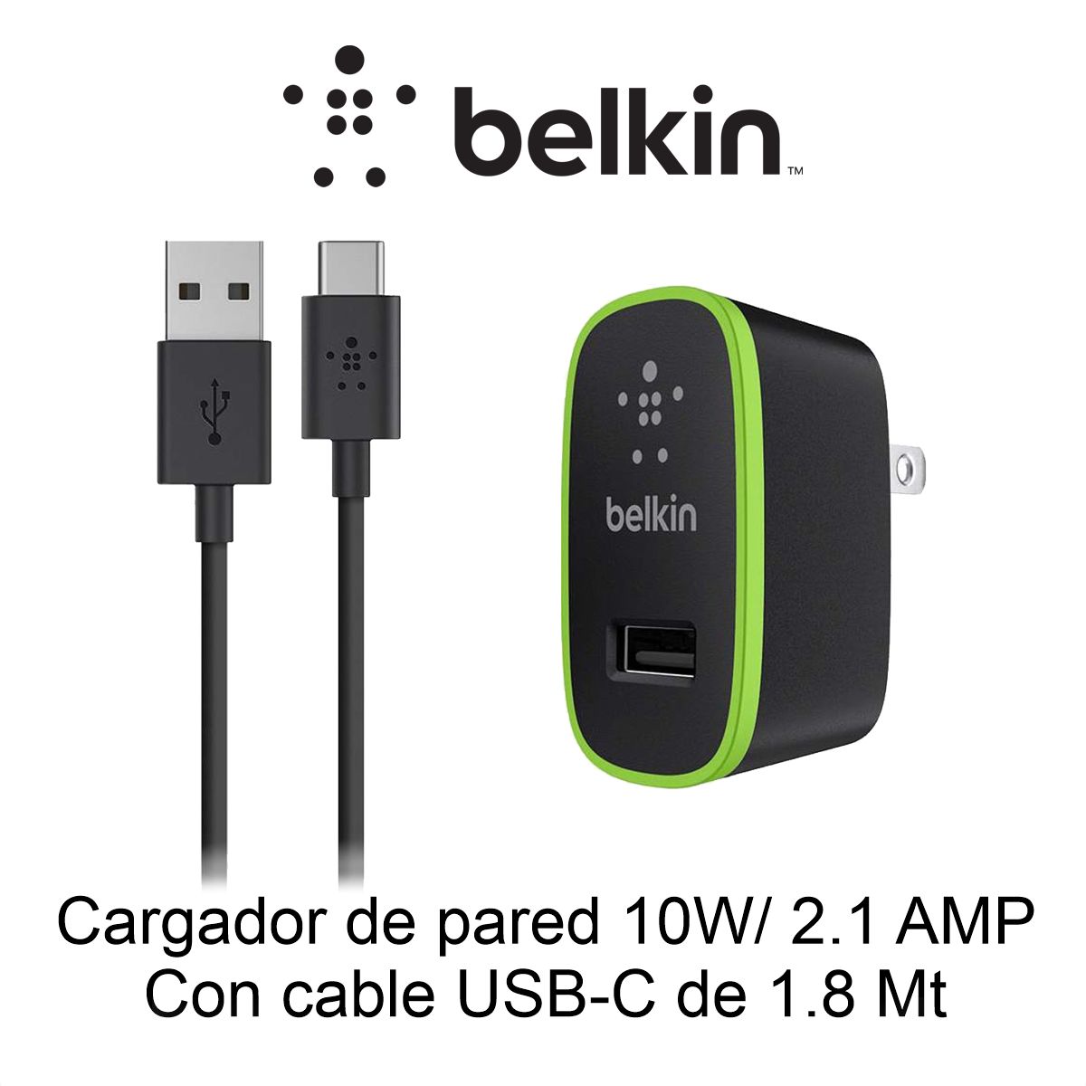 BELKIN - Cargador De Pared Usb Belkin 2.1 Amp Con Cable Usb-a A Usb-c