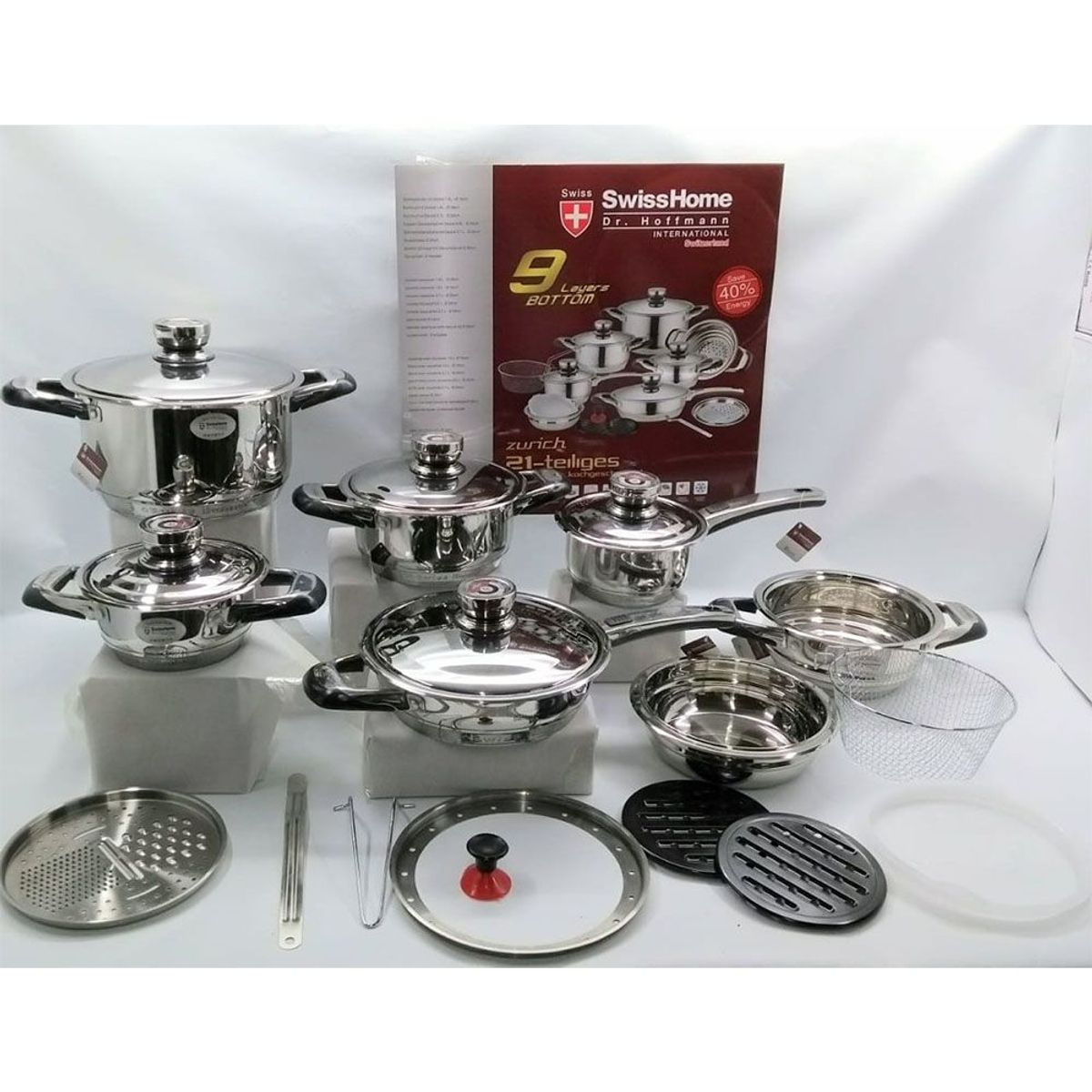 SWISSHOME DR HOFFMAN - Bateria De Ollas Acero Quirúrgico Swiss Home 21 Piezas