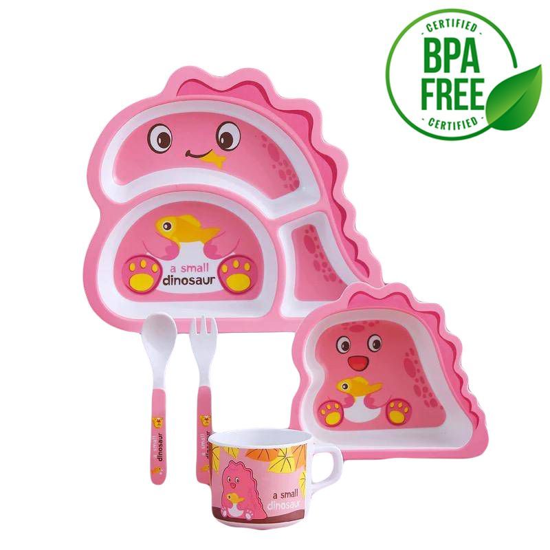 BABY ON - Juego De Vajilla Infantil Fibra De Bambú Para Niño Dino Rosa