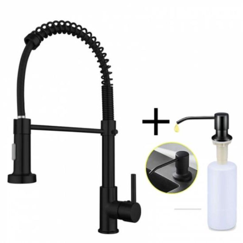 GENERICO - Kit Griferia Lavaplatos Espiral Negro Cabezal Móvil Dispensador