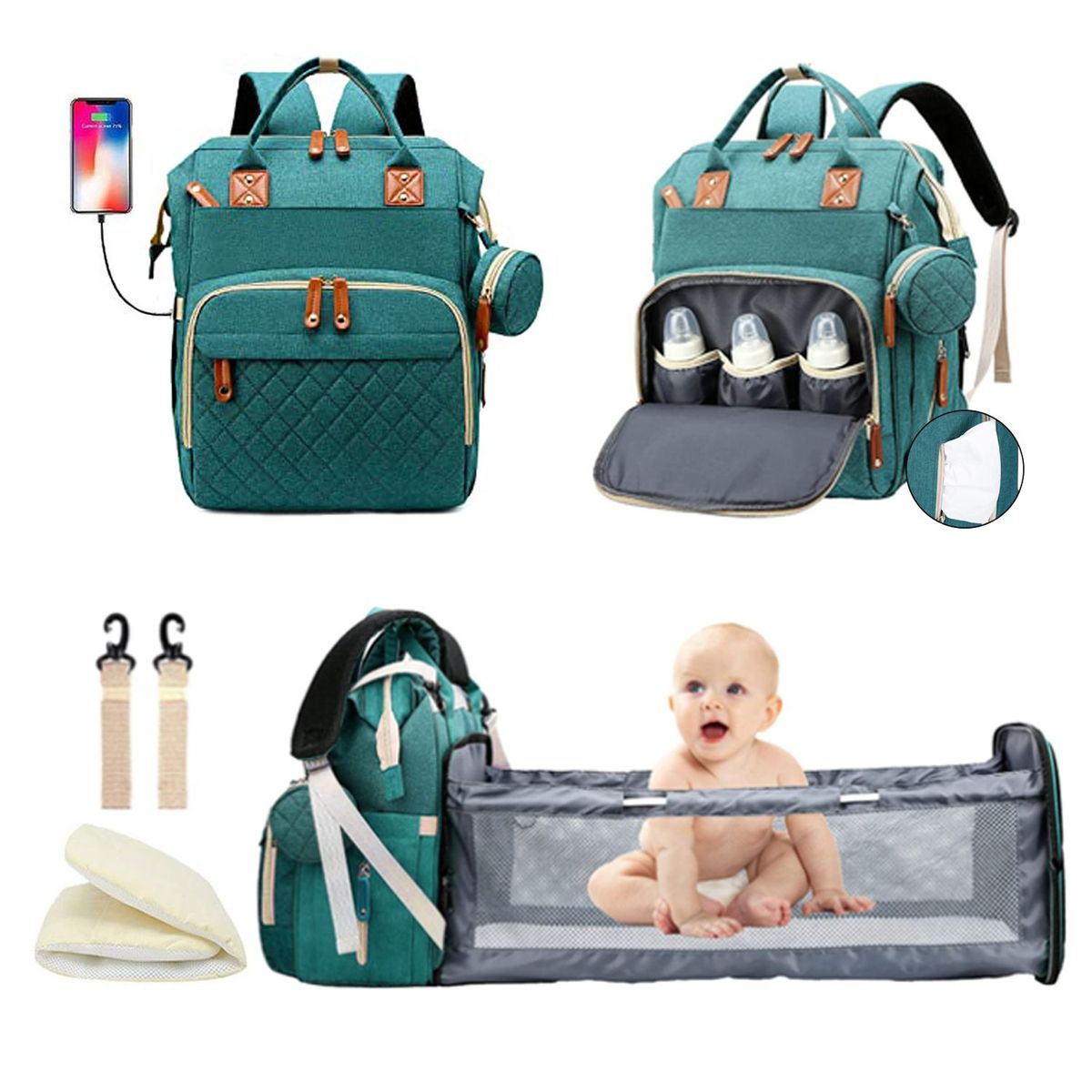 BABY ON - Pañalera Multifuncional Morral Tipo Cuna Verde Turquesa