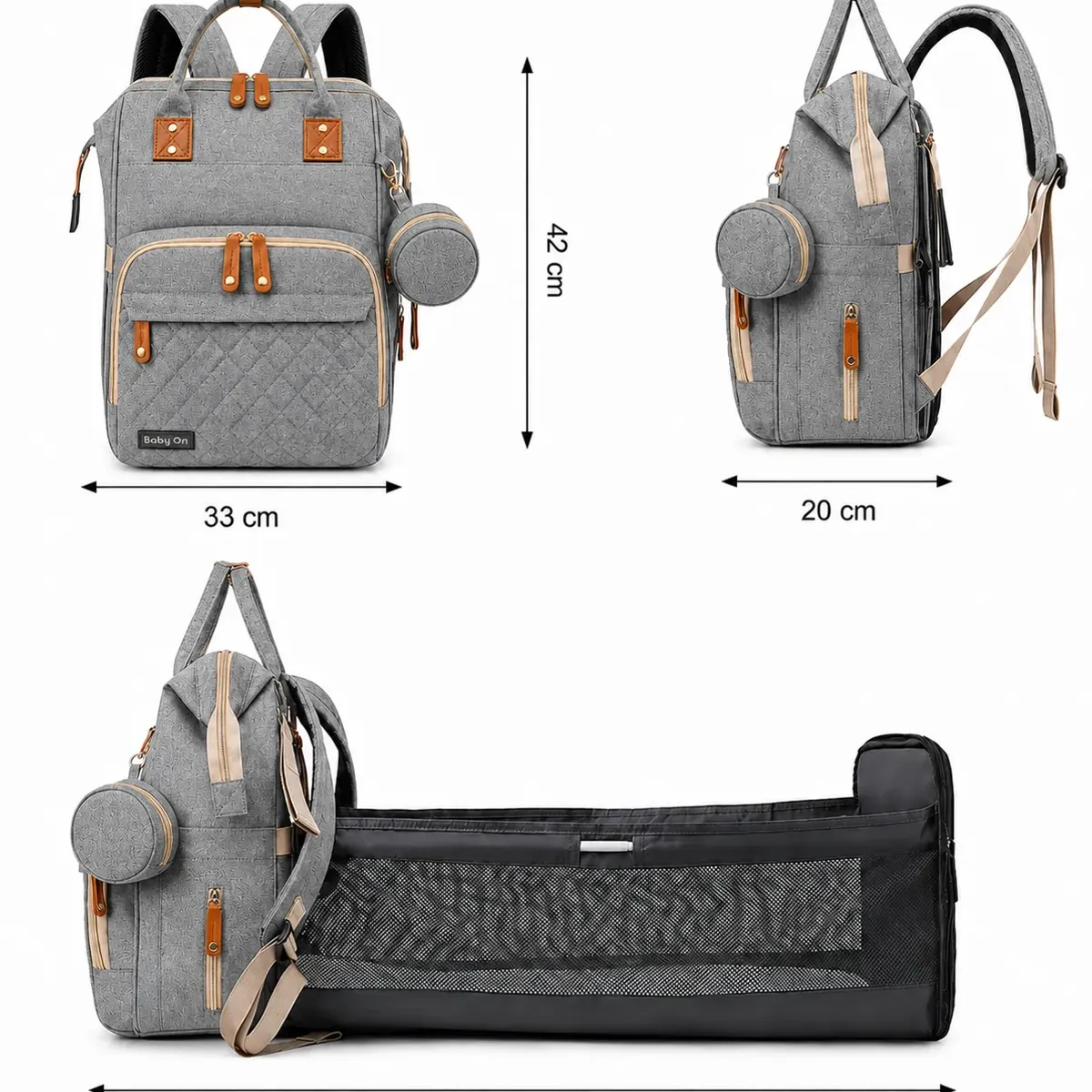 BABY ON - Morral Pañalera Cuna 3 en 1 con Cambiador Baby On Bolsillos Térmicos USB GRAY