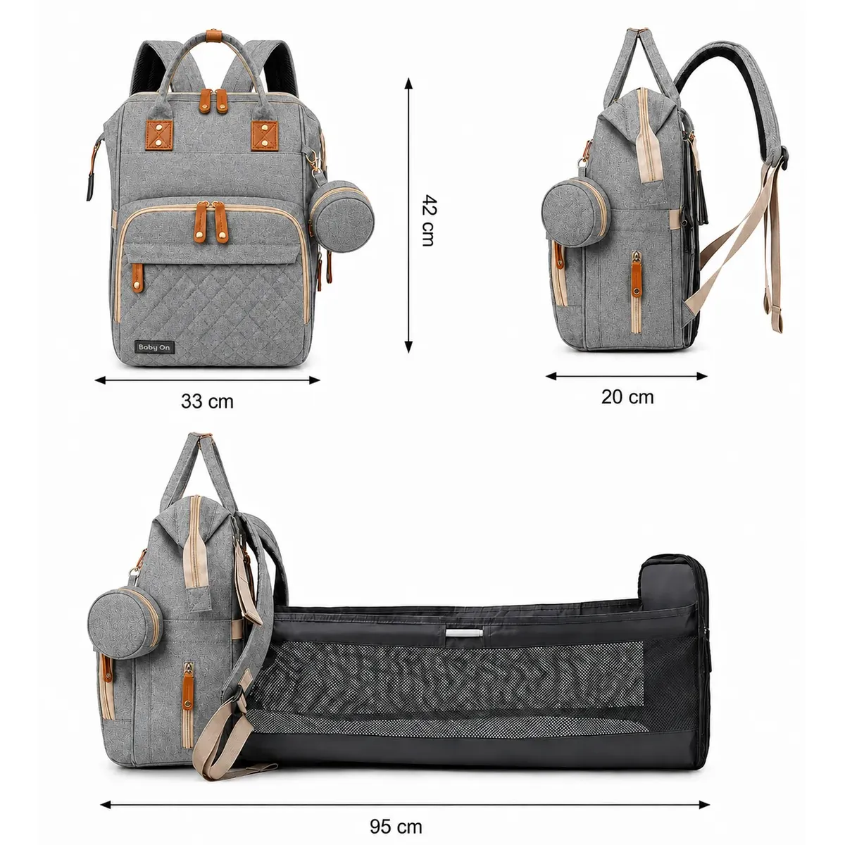 BABY ON - Morral Pañalera Cuna 3 en 1 con Cambiador Baby On Bolsillos Térmicos USB GRAY
