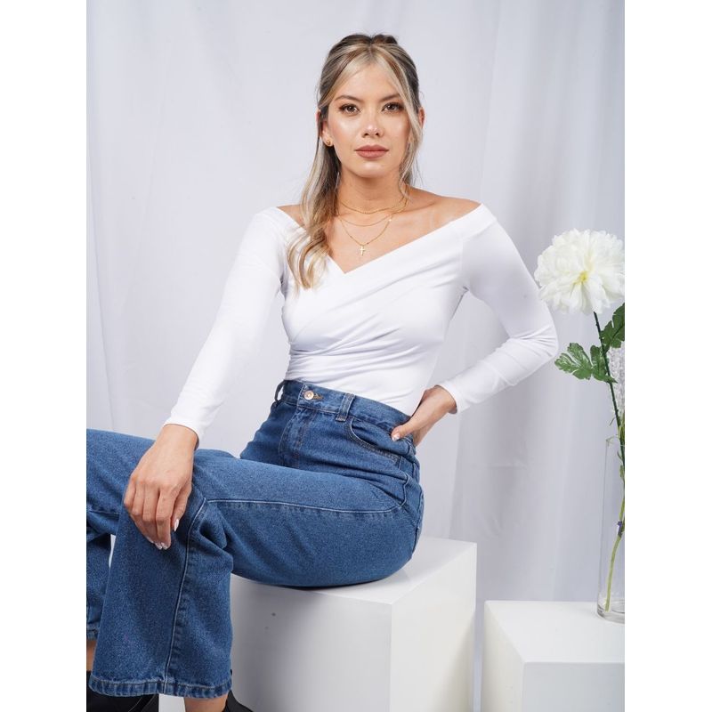 MOLGOA - Body para Mujer Cuello Bandeja Manga Larga - Lauren Blanco